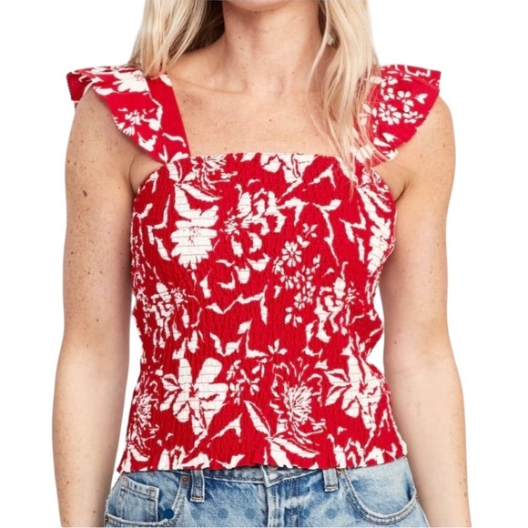 Old Navy Floral Red White Smocked Fitted Ruffle Tank Top M NWT - Picture 1 of 7